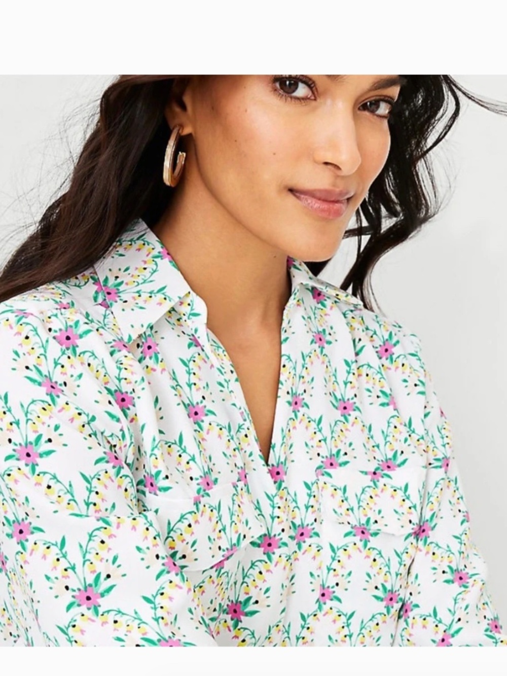 Ann Taylor Floral Camp Shirt Blouse Green Pink Yellow White Size Small Petite - Picture 2 of 10